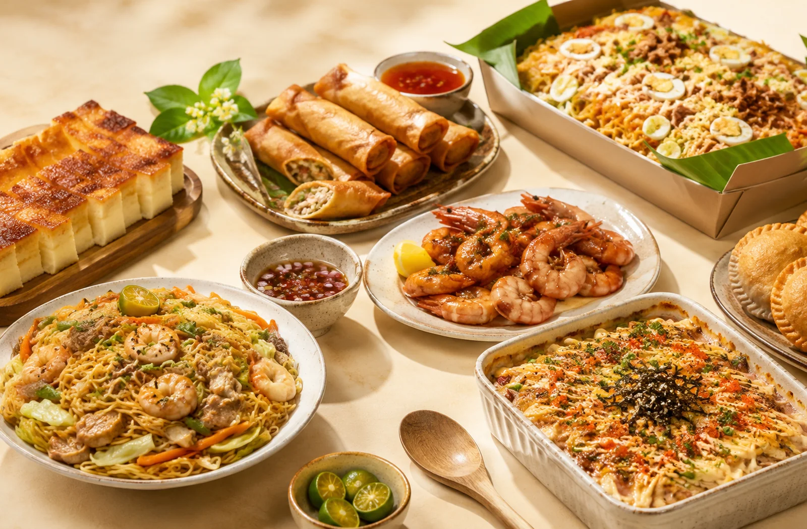 Pancit, lumpia, shrimp, cassava cake, sushi bake, and empanadas